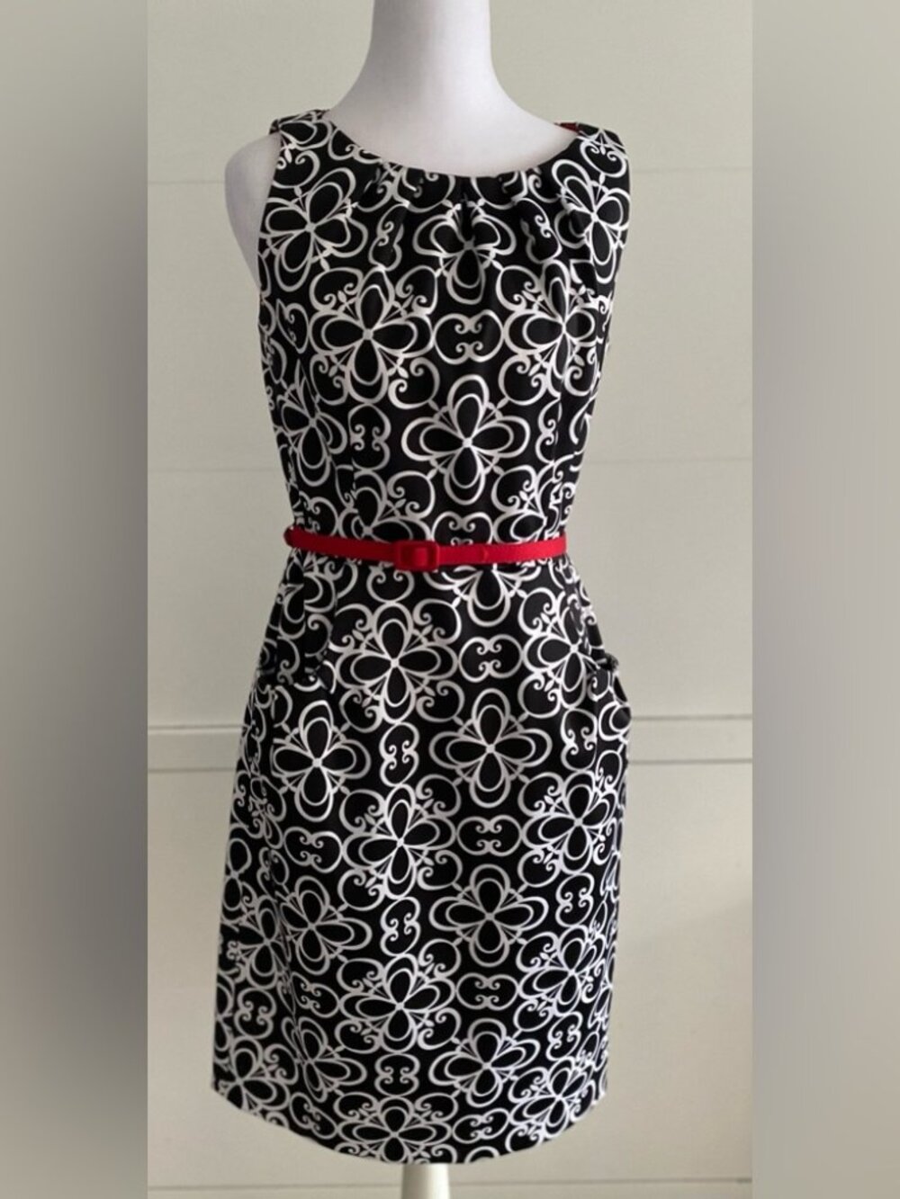 London Times Black & White Sheath Midi Dress with Red Lining Accents, Size 12